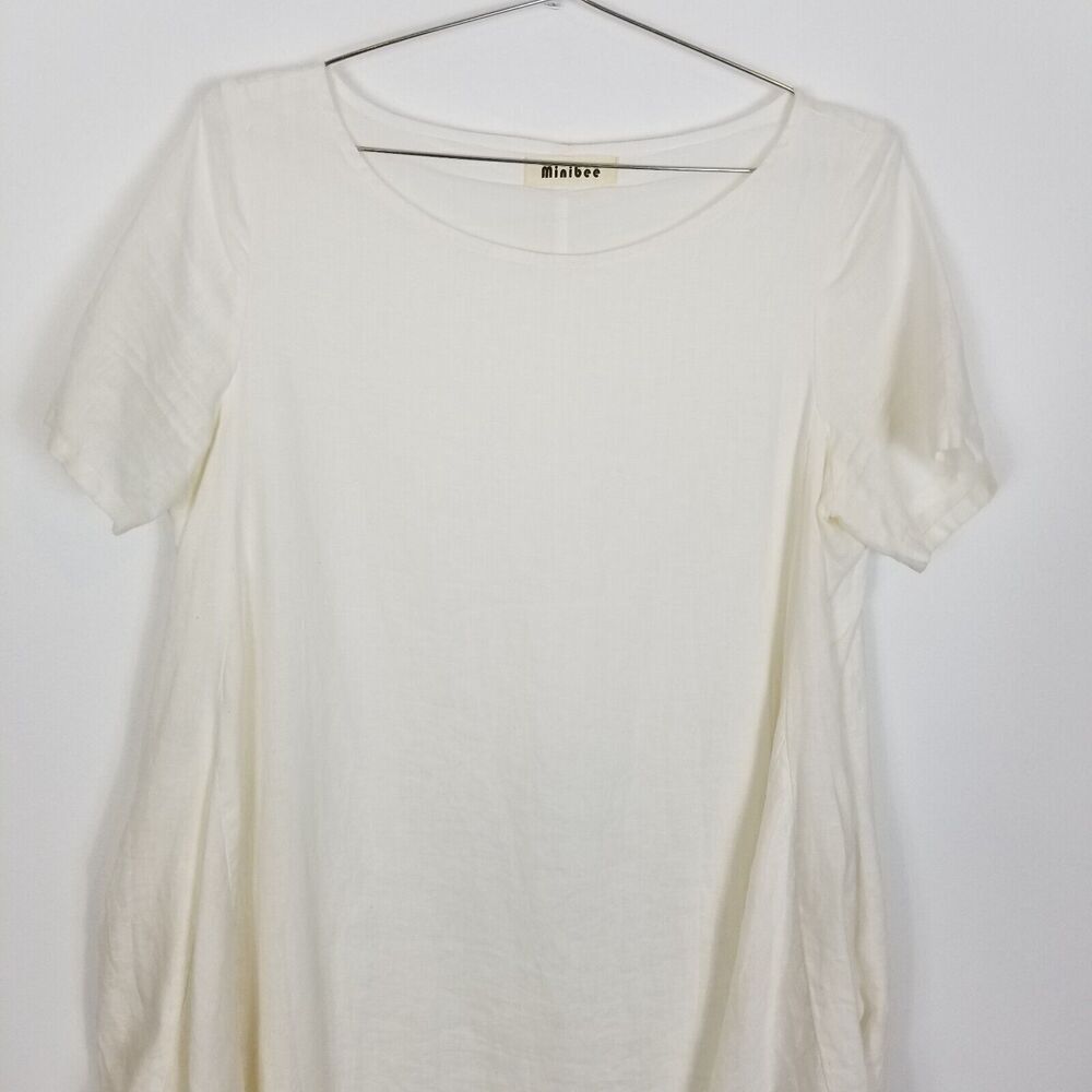 Minibee Women Linen Lagenlook Midi Dress Size‎ S/M White Relaxed Short Sleeve - Picture 2 of 9